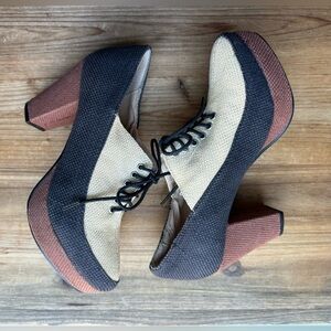 Chunky Lace-Up Platform Heels in Black, Cream & Brown